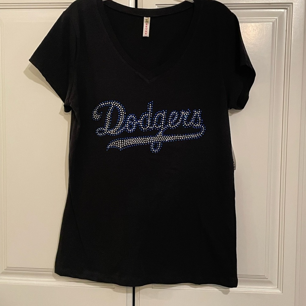 Dodgers women’s bling vneck tee shirt custom made Large